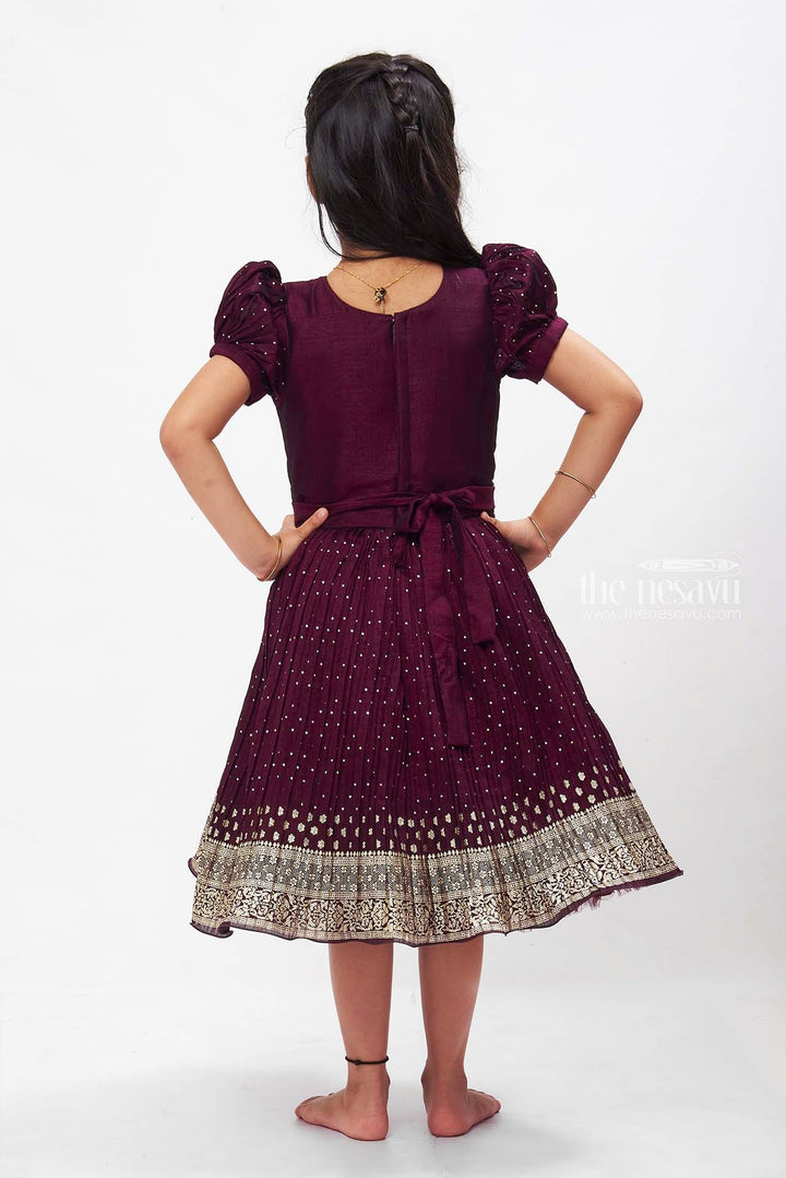 The Nesavu Silk Party Frock Majestic Purple Silk Party Frock with Golden Detailing Nesavu Purple Silk Frock for Girls | Elegant Party Wear with Golden Prints | The Nesavu