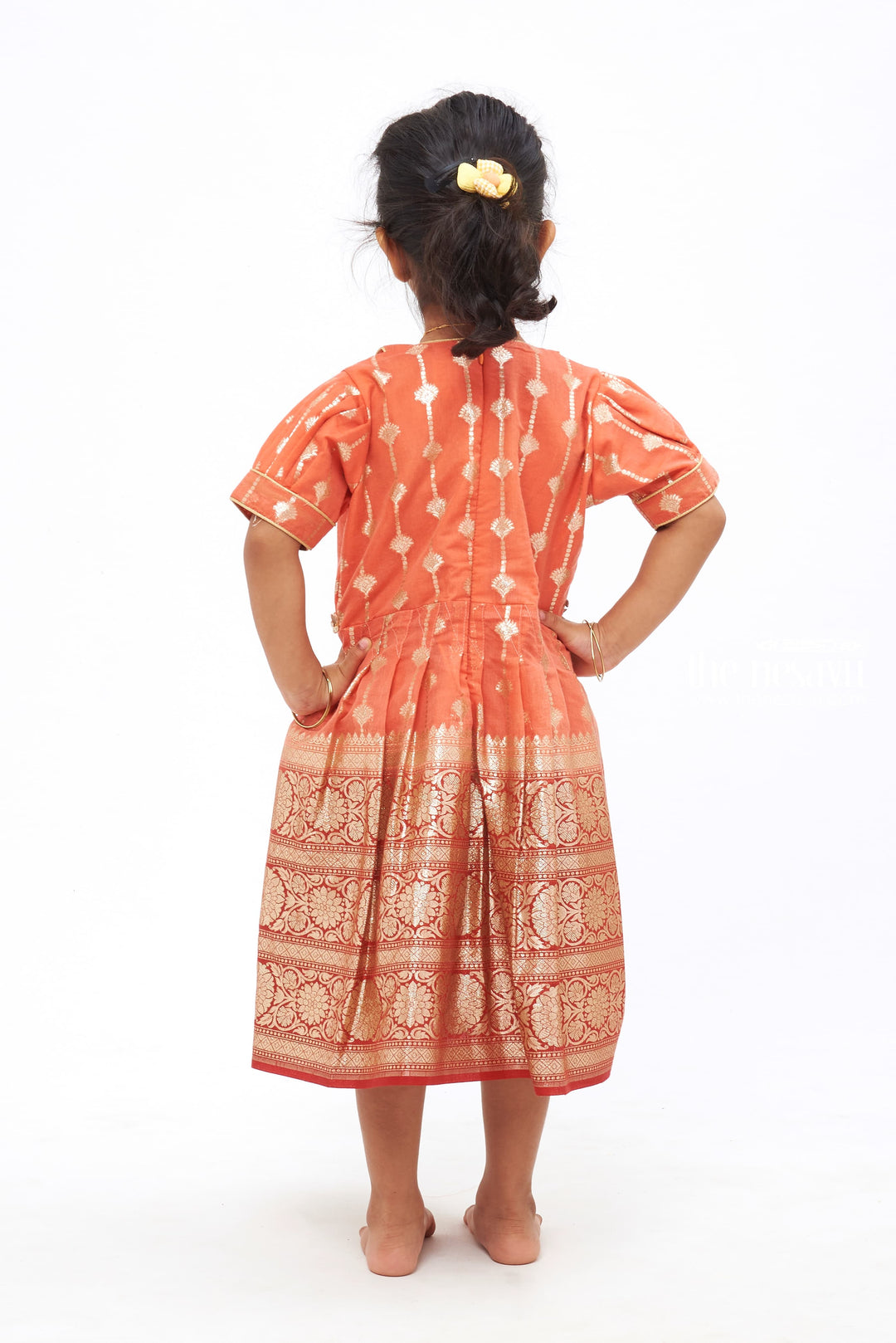 The Nesavu Silk Frock Majestic Salmon Radiance: Zari Embroidered Banarasi Border Silk Frock for Girls Nesavu Pure Silk Children's Festive Outfit | Rich Silk Attire for Special Events | The Nesavu