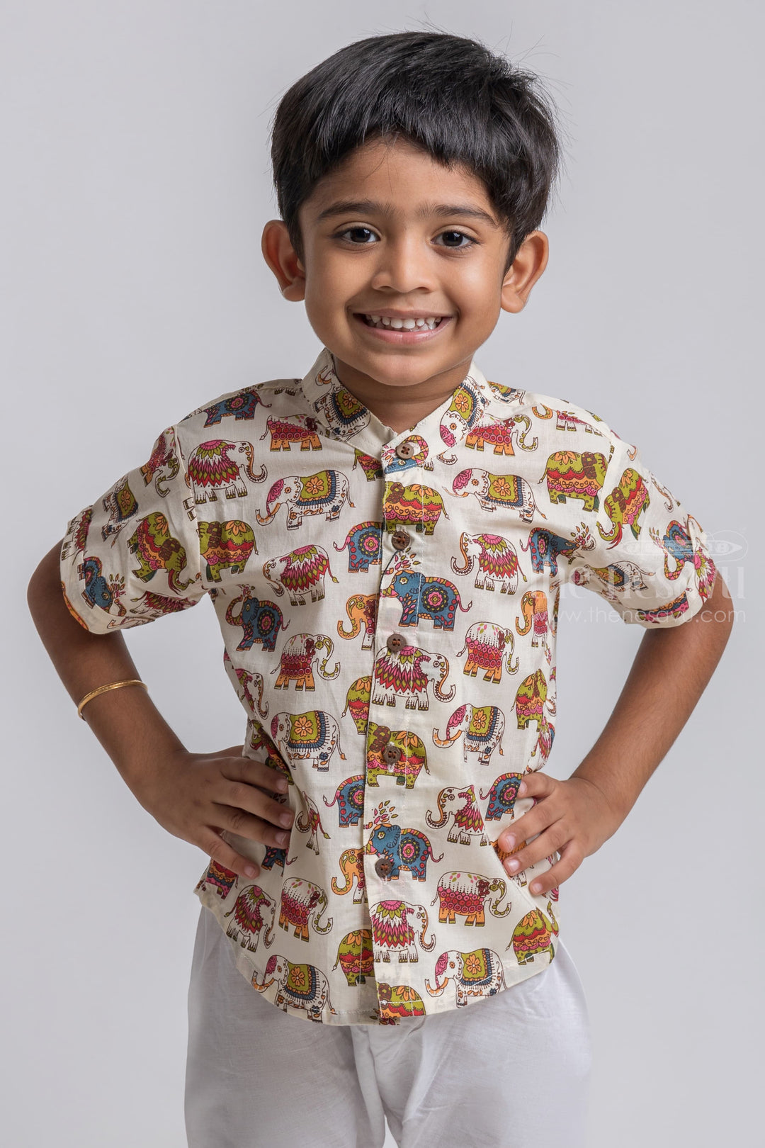 The Nesavu Boys Cotton Shirt Make a Statement with Boys' Multicolour Madhubani Elephant Print Shirt | Expressive & Cultural Fashion psr silks Nesavu 14 (6M) / Half White / Cotton BS041B