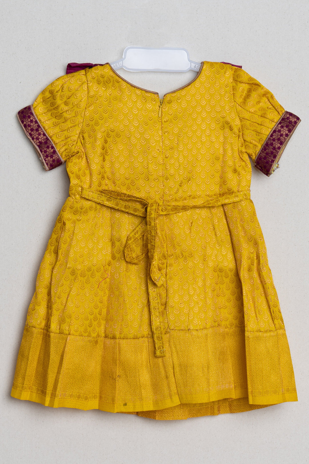 Mango Yellow with Deep Purple Semi Banarasi Silk Pattu Frock for Kids Girls