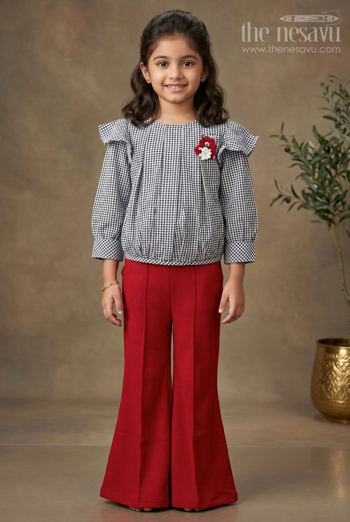 The Nesavu Girls Casual Set Maroon and Green Checked Indowestern Sharara Set for Girls Nesavu 24 (5Y) / Maroon GPS385B-24 Maroon and Green Checked Indo-Western Sharara Set for Girls - Nesavu