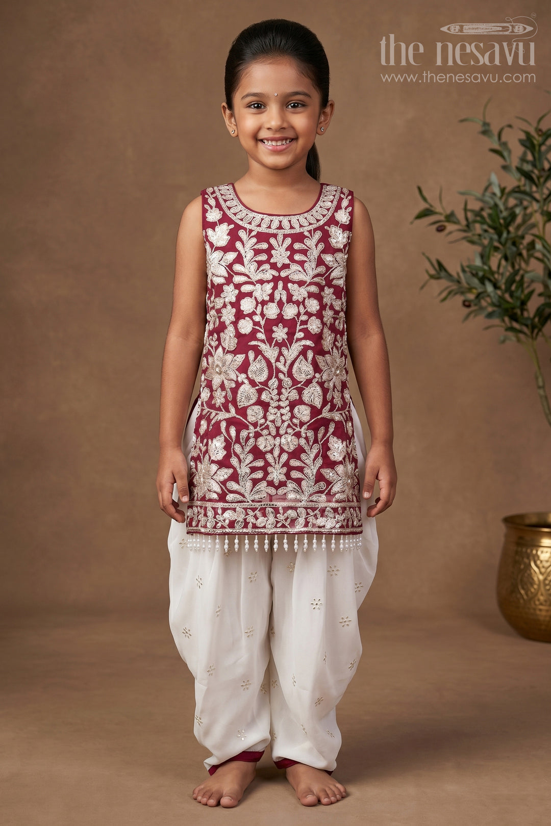 The Nesavu Girls Dothi Sets Maroon and Ivory Embroidered Ethnic Kurti Set Nesavu 18 (2Y) / Red GPS754B-18 Nesavu maroon embroidered kurti dhoti pants  festive wear girls
