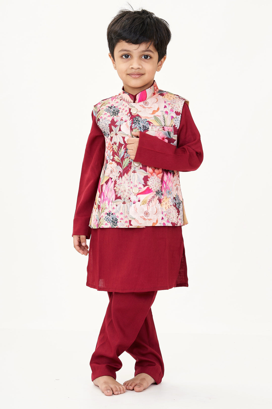 The Nesavu Boys Kurtha Set Maroon Kurta Set for Boys with Floral Digital Print Jacket in Cotton Blend Nesavu 16 (1Y) / Maroon BES688A-16 Nesavu Maroon Kurta Set Boys Floral Digital Printed Jacket Cotton Blend