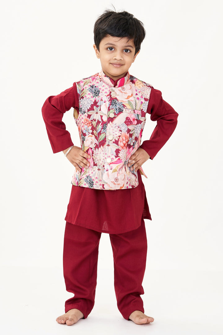 The Nesavu Boys Kurtha Set Maroon Kurta Set for Boys with Floral Digital Print Jacket in Cotton Blend Nesavu Nesavu Maroon Kurta Set Boys Floral Digital Printed Jacket Cotton Blend