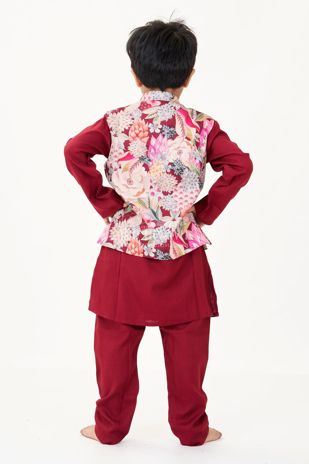 The Nesavu Boys Kurtha Set Maroon Kurta Set for Boys with Floral Digital Print Jacket in Cotton Blend Nesavu Nesavu Maroon Kurta Set Boys Floral Digital Printed Jacket Cotton Blend