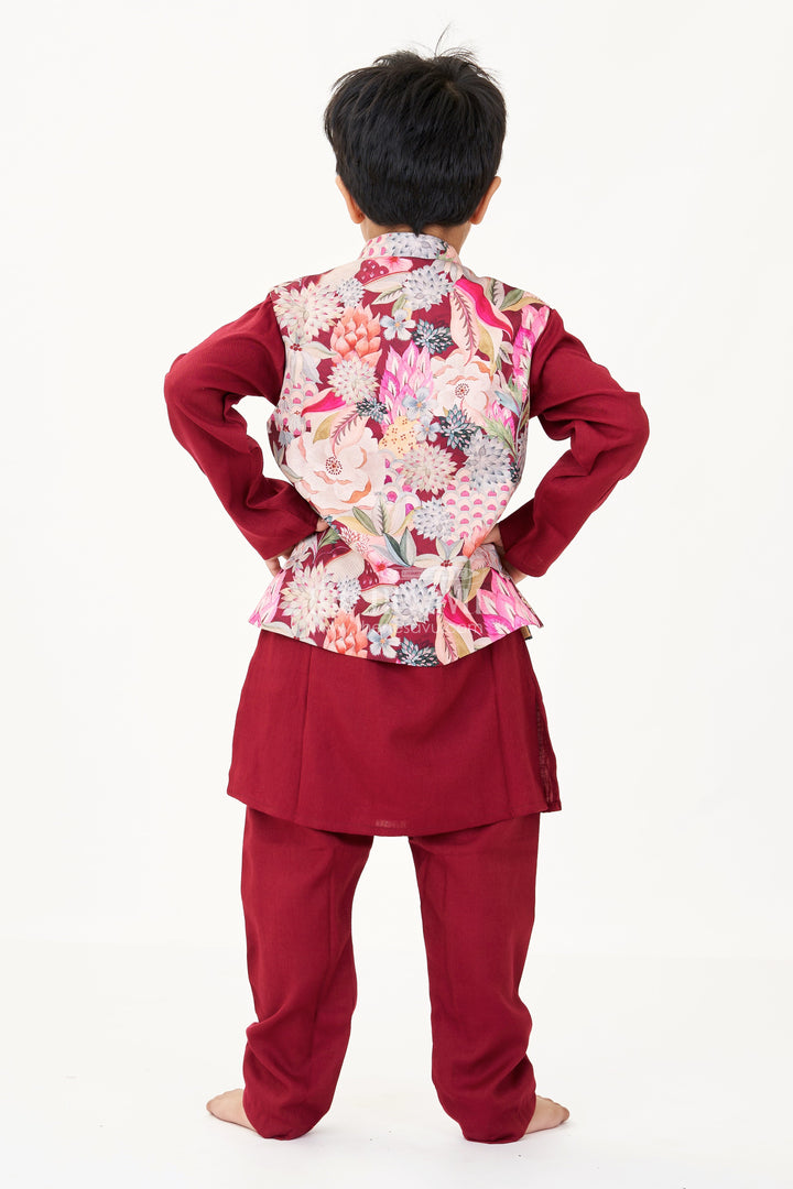 The Nesavu Boys Kurtha Set Maroon Kurta Set for Boys with Floral Digital Print Jacket in Cotton Blend Nesavu Nesavu Maroon Kurta Set Boys Floral Digital Printed Jacket Cotton Blend