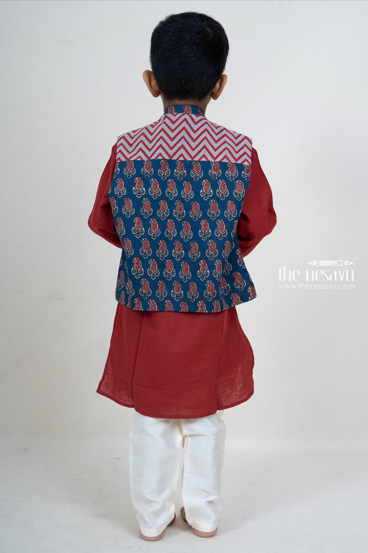 The Nesavu Boys Jacket Sets Maroon Kurta With Navy Ikkat Overcoat For Baby Boys Nesavu Shop Stylish Festive Kurta For Baby Boys | Traditional Dress Designs | The Nesavu