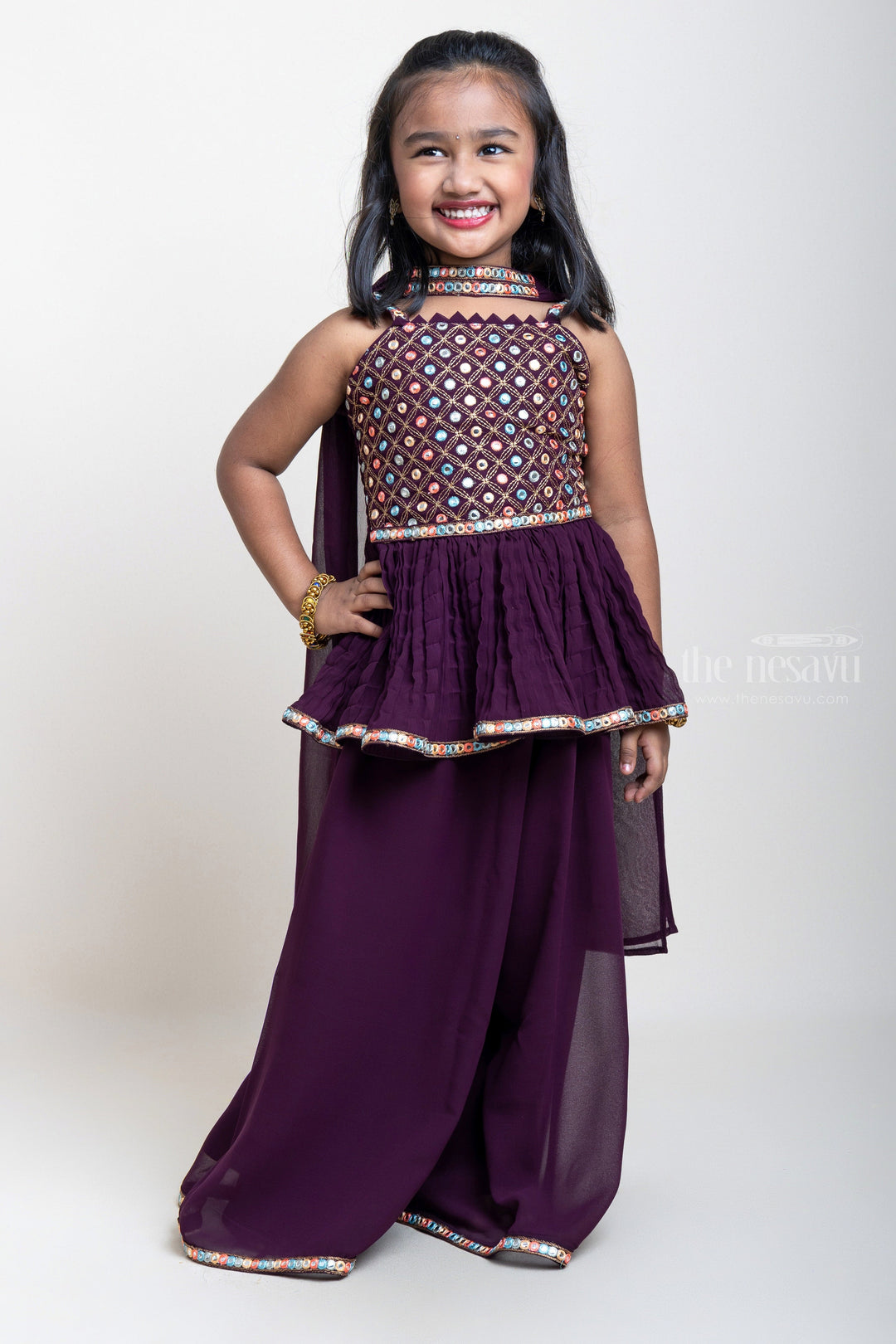 The Nesavu Girls Sharara / Plazo Set Maroon Palazzo With Embroidery Sequenced Tunic Tops For Girls Nesavu 16 (1Y) / Purple GPS115C Designer Palazzo Suit For Girls| Sankranti Special Arrival| The Nesavu