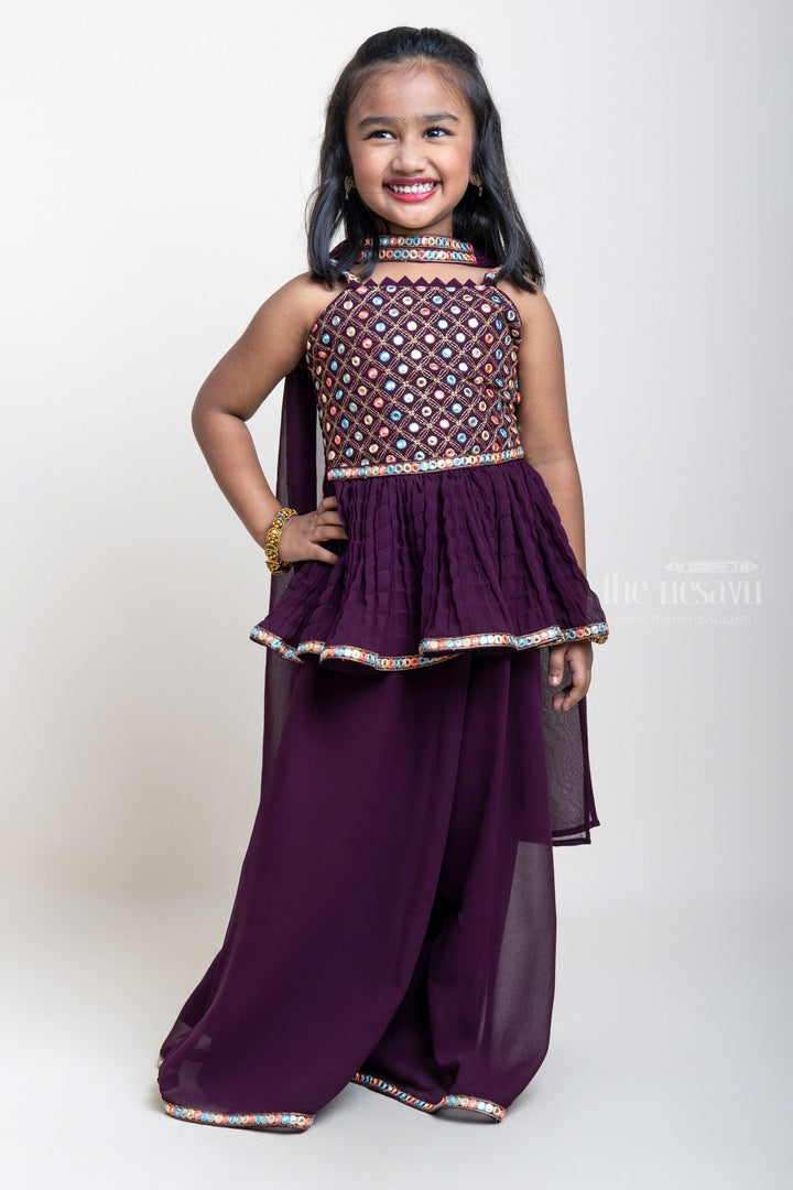 The Nesavu Girls Sharara / Plazo Set Maroon Palazzo With Embroidery Sequenced Tunic Tops For Girls Nesavu 16 (1Y) / Purple GPS115C Designer Palazzo Suit For Girls| Sankranti Special Arrival| The Nesavu