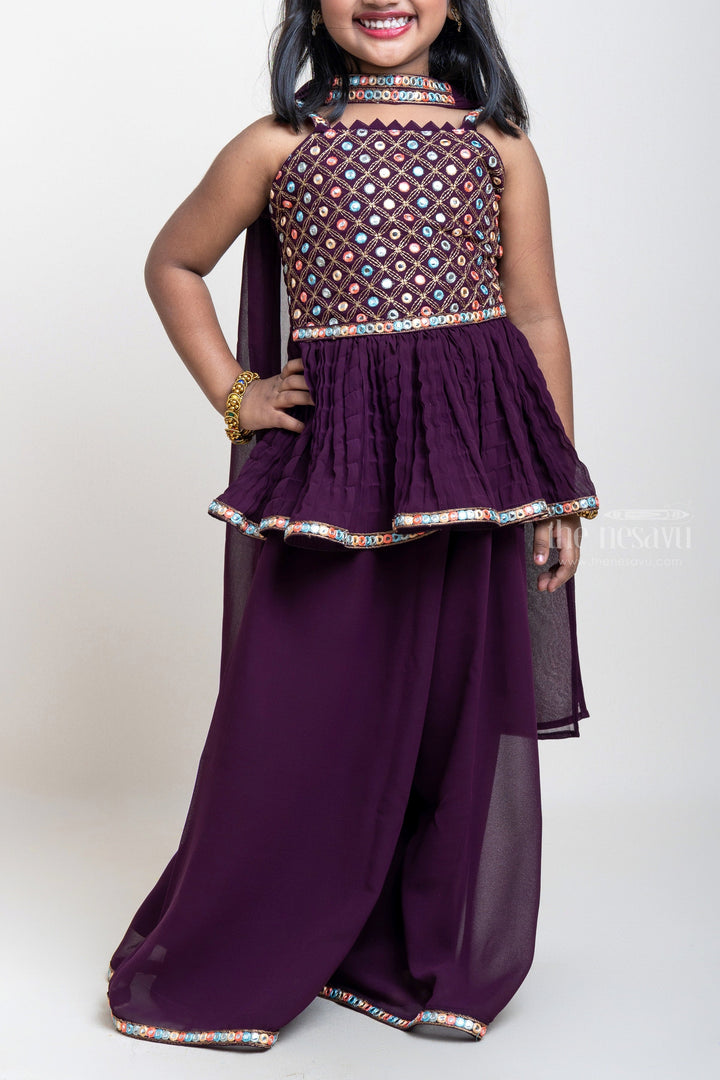 The Nesavu Girls Sharara / Plazo Set Maroon Palazzo With Embroidery Sequenced Tunic Tops For Girls Nesavu Designer Palazzo Suit For Girls| Sankranti Special Arrival| The Nesavu