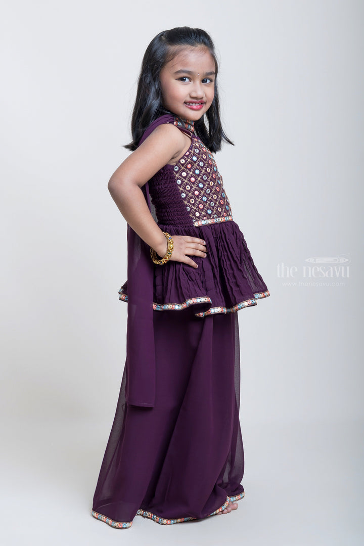 The Nesavu Girls Sharara / Plazo Set Maroon Palazzo With Embroidery Sequenced Tunic Tops For Girls Nesavu Designer Palazzo Suit For Girls| Sankranti Special Arrival| The Nesavu