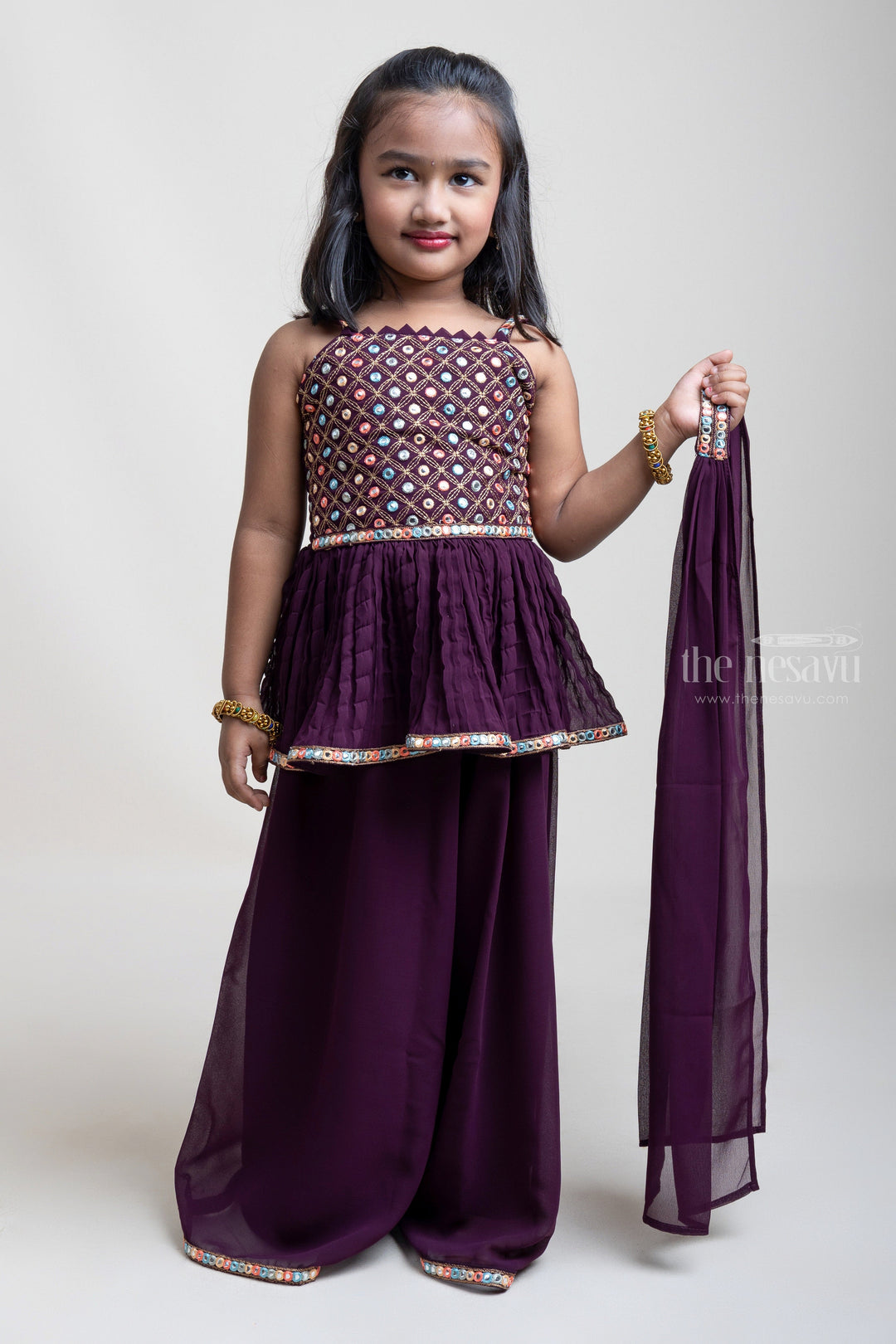 The Nesavu Girls Sharara / Plazo Set Maroon Palazzo With Embroidery Sequenced Tunic Tops For Girls Nesavu Designer Palazzo Suit For Girls| Sankranti Special Arrival| The Nesavu
