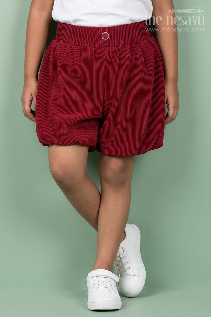 The Nesavu Girls Shorts Maroon Velvet Pleated Shorts for Winter Dressing and Events Nesavu 22 (4Y) / Maroon LBW045F-22 Nesavu Maroon Velvet Girls Pleated Shorts Festive Events School Shows Holiday Looks