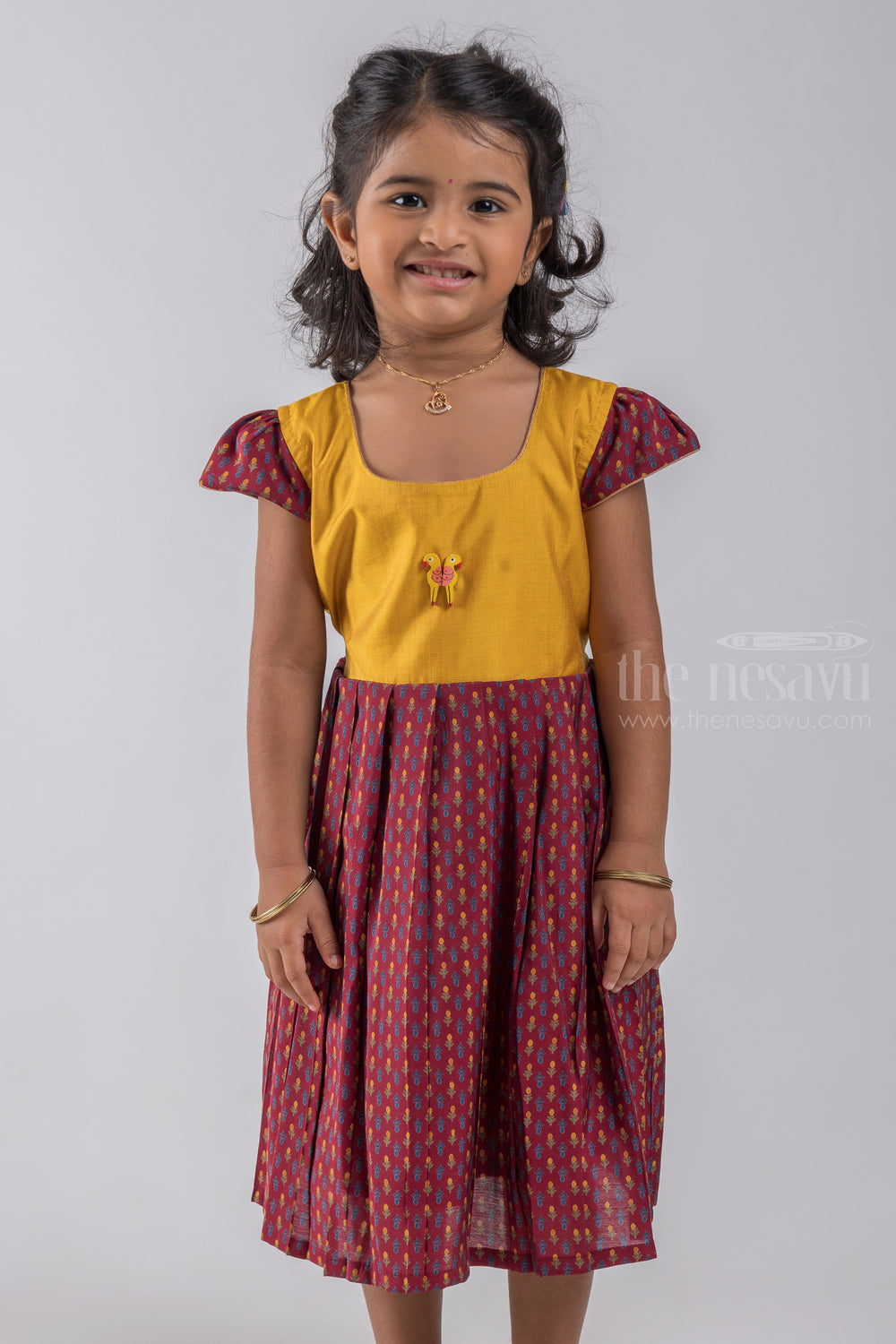 The Nesavu Girls Fancy Frock Marron Colour Floral Butti Daily Wear Cotton Frocks For Kids Girls psr silks Nesavu