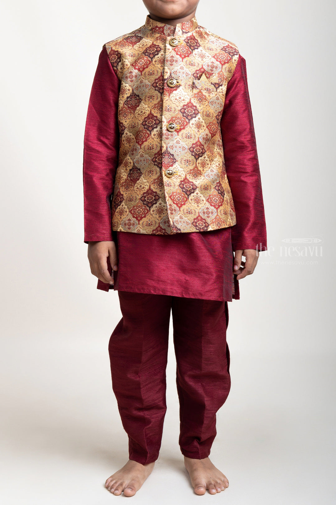 The Nesavu Boys Jacket Sets Marvellous Maroon Cotton Kurta And Designer Overcoat For Baby Boys psr silks Nesavu