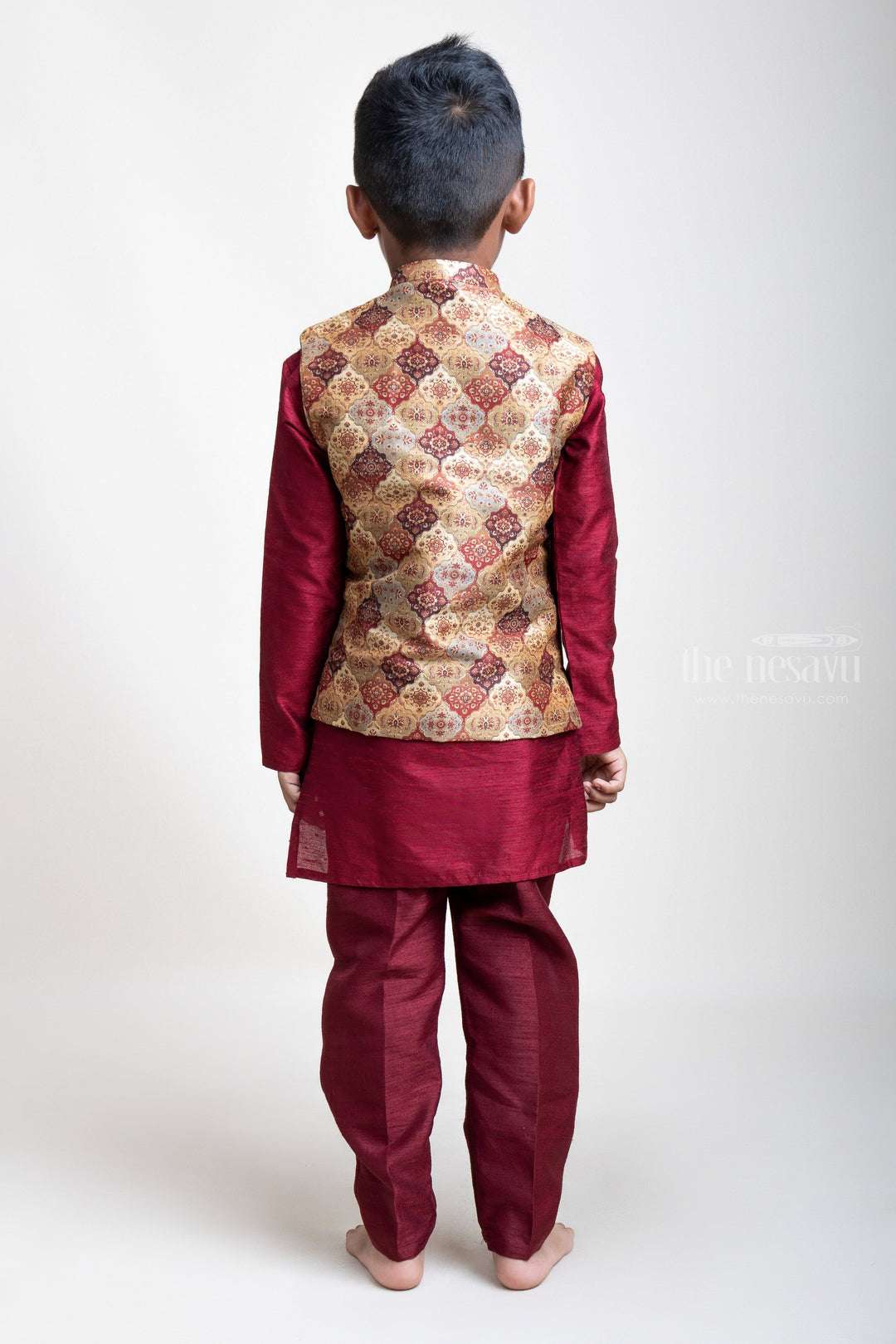 The Nesavu Boys Jacket Sets Marvellous Maroon Cotton Kurta And Designer Overcoat For Baby Boys psr silks Nesavu