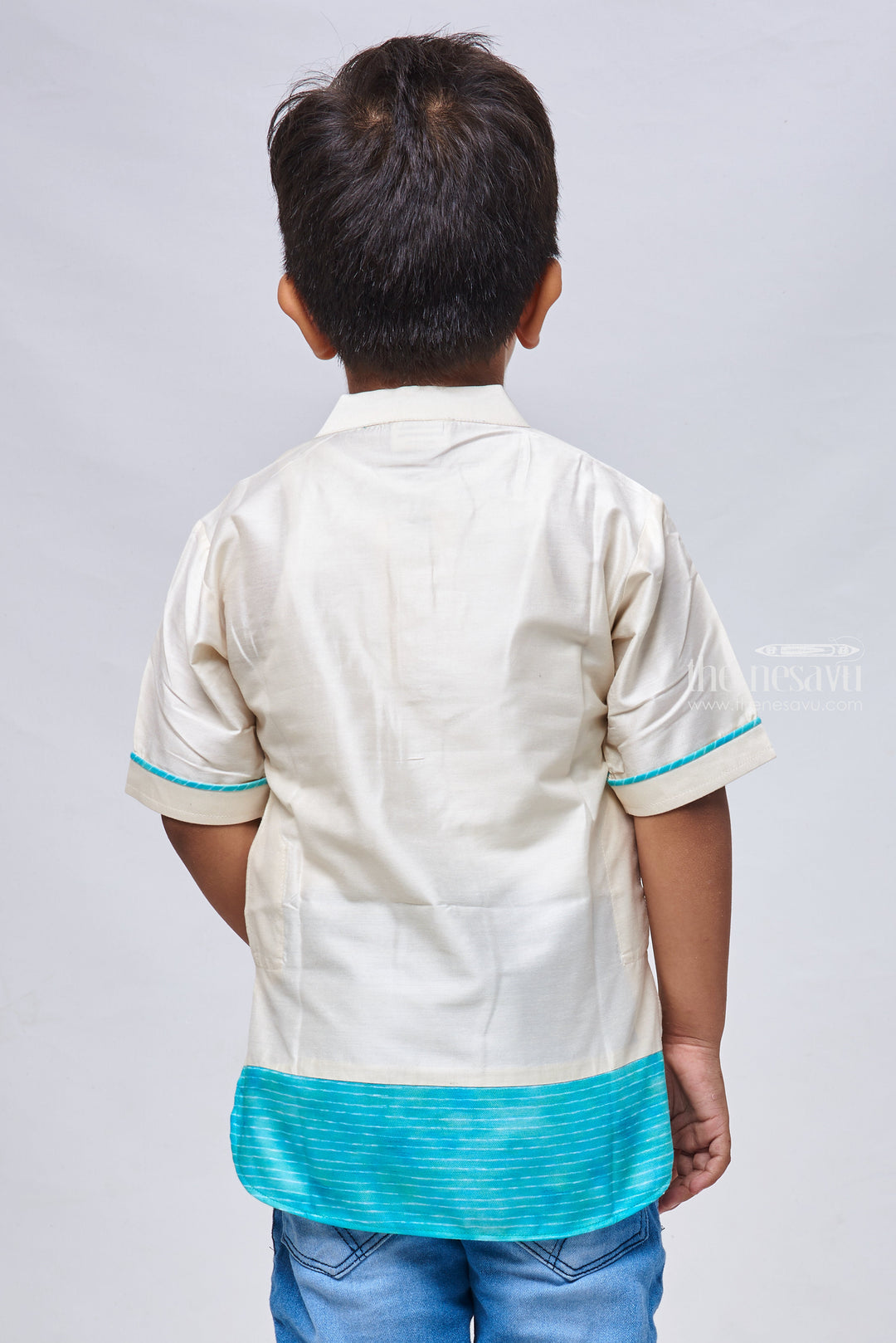 The Nesavu Boys Kurtha Shirt Matching Dad and Son Shirts - Crisp Elegance Half White Mandarin Collar Party Wear Shirt for Boys Nesavu Elegant Indian Kurta Shirts | Traditional and Modern Styles for Boys | The Nesavu