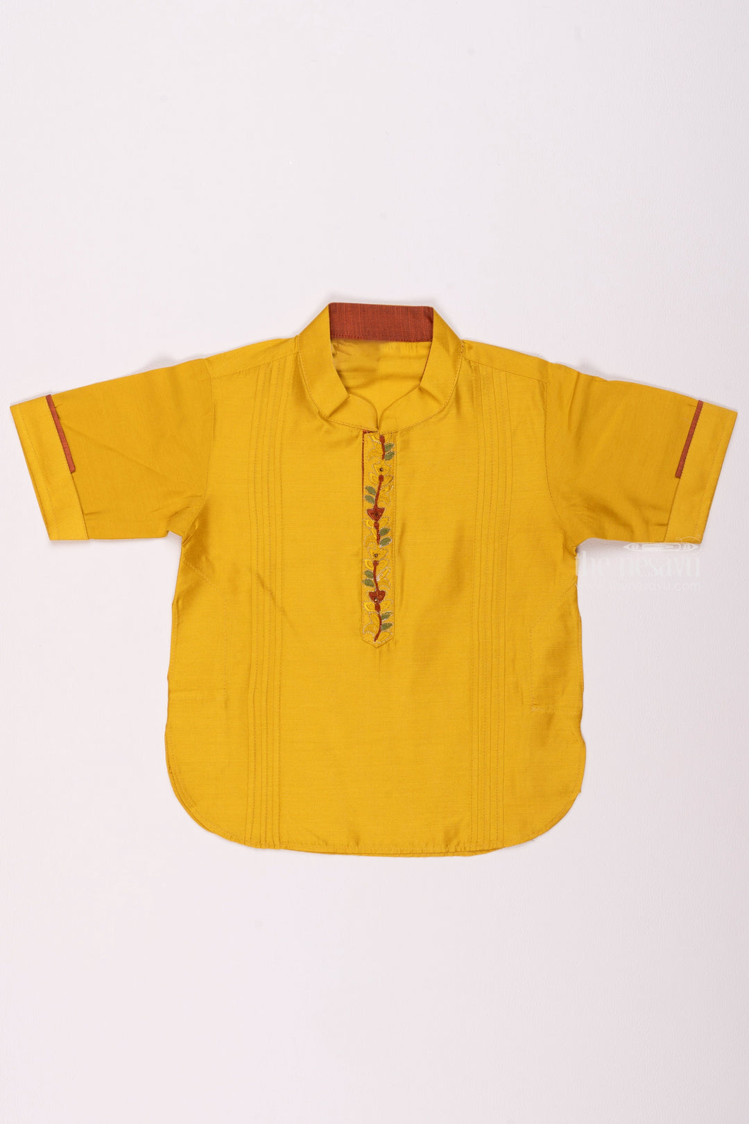 The Nesavu Boys Kurtha Shirt Matching Daddy and Son Shirts - Sunshine Bloom Vibrant Yellow Boys Shirt with Floral Embroidery Nesavu 12 (3M) / Yellow / Dupioni Silk BS092A-12 Cute Sibling Kurta Shirts | Trendy Designs for Brothers Combo Shirt | The Nesavu