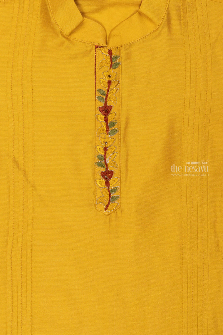 The Nesavu Boys Kurtha Shirt Matching Daddy and Son Shirts - Sunshine Bloom Vibrant Yellow Boys Shirt with Floral Embroidery Nesavu Cute Sibling Kurta Shirts | Trendy Designs for Brothers Combo Shirt | The Nesavu