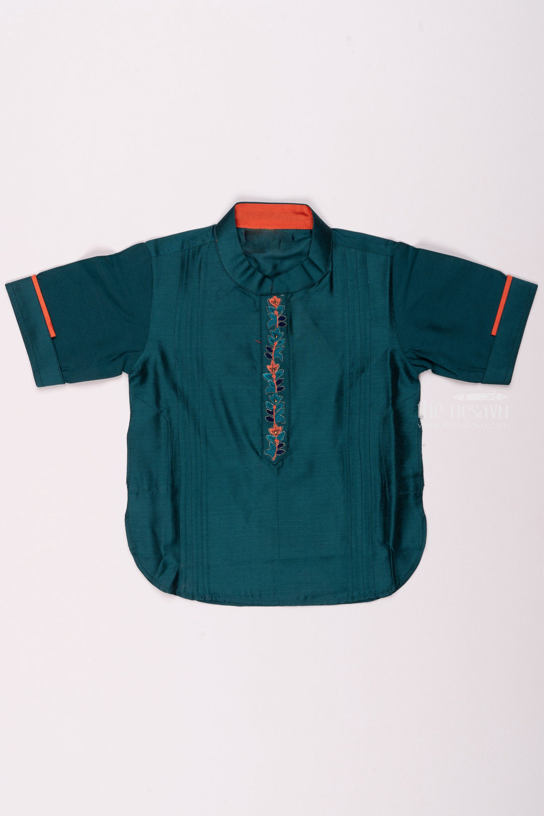 The Nesavu Boys Kurtha Shirt Matching Father Son Shirts - Blue Skies Ahead Cool Blue Boys Shirt with Floral Embroidery Nesavu 12 (3M) / Blue / Dupioni Silk BS092C-12 Celebrate Style : Exclusive Birthday Kurta Shirts for Kids | The Nesavu