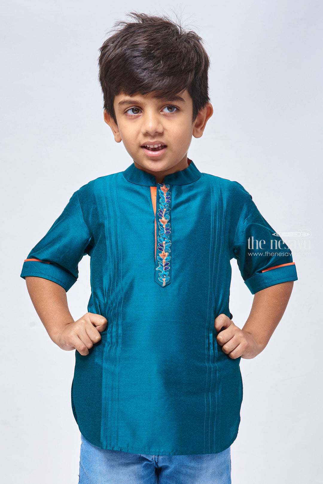 The Nesavu Boys Kurtha Shirt Matching Father Son Shirts - Blue Skies Ahead Cool Blue Boys Shirt with Floral Embroidery Nesavu Celebrate Style : Exclusive Birthday Kurta Shirts for Kids | The Nesavu