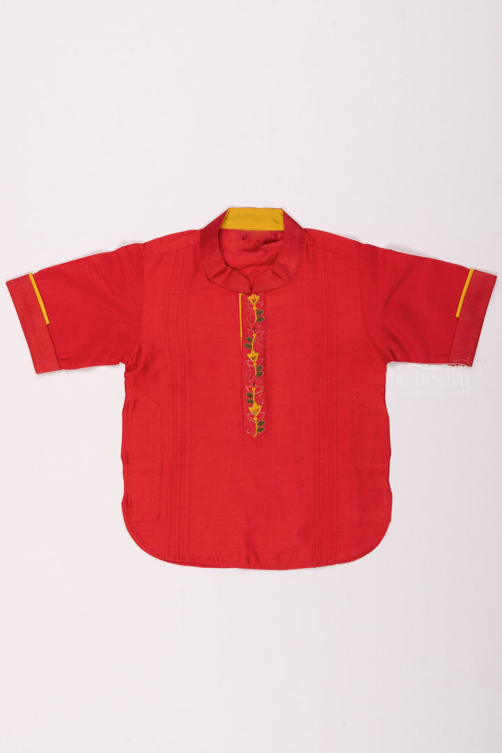 The Nesavu Boys Kurtha Shirt Matching Shirts for Dad and Son - Ravishing in Red Captivating Red Boys Shirt with Floral Embroidery Nesavu 12 (3M) / Red / Dupioni Silk BS092B-12 Traditional and Trendy Boys Kurta Shirt | Discover Boys Designer Shirts | The Nesavu