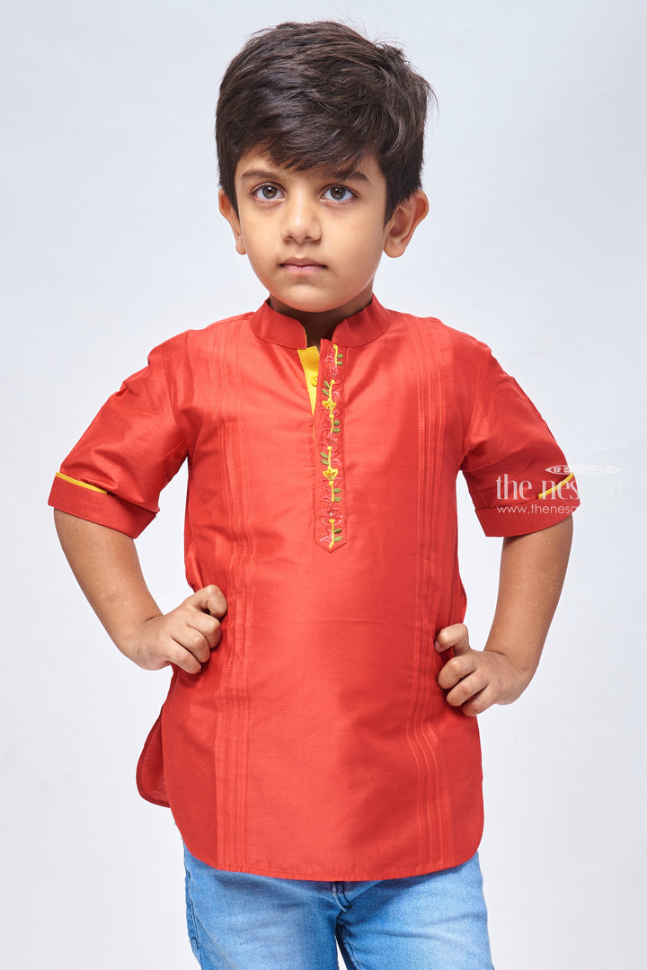 The Nesavu Boys Kurtha Shirt Matching Shirts for Dad and Son - Ravishing in Red Captivating Red Boys Shirt with Floral Embroidery Nesavu 12 (3M) / Red / Dupioni Silk BS092B-12 Traditional and Trendy Boys Kurta Shirt | Discover Boys Designer Shirts | The Nesavu