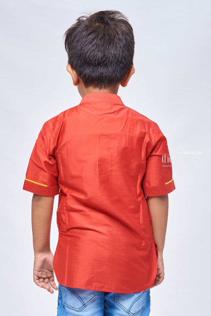 The Nesavu Boys Kurtha Shirt Matching Shirts for Dad and Son - Ravishing in Red Captivating Red Boys Shirt with Floral Embroidery Nesavu Traditional and Trendy Boys Kurta Shirt | Discover Boys Designer Shirts | The Nesavu