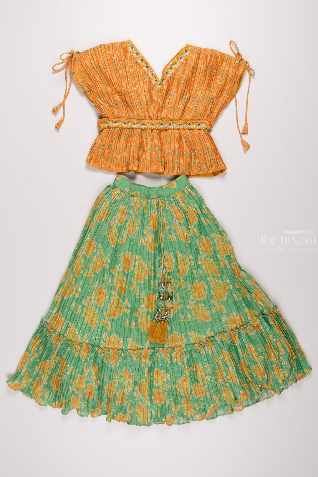 The Nesavu Girls Lehenga Choli Meadow Radiance: Yellow Poncho Blouse with Green Floral Printed Lehenga for Girls Nesavu 24 (5Y) / Green / Chinnon GL384B-24 Festive Elegance for Little Ones | Girls Lehenga Choli Sets for Diwali | The Nesavu