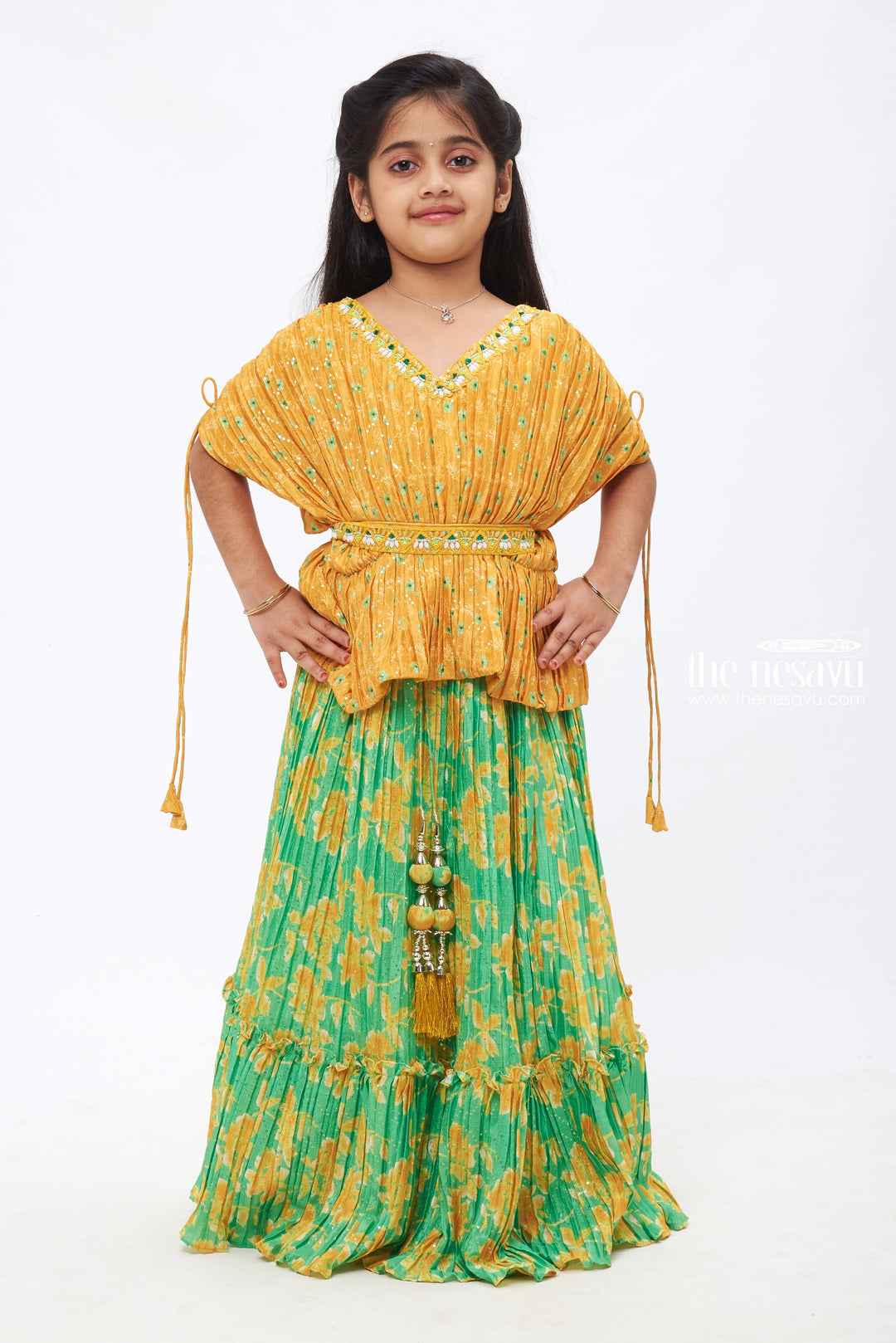 The Nesavu Girls Lehenga Choli Meadow Radiance: Yellow Poncho Blouse with Green Floral Printed Lehenga for Girls Nesavu 24 (5Y) / Green / Chinnon GL384B-24 Festive Elegance for Little Ones | Girls Lehenga Choli Sets for Diwali | The Nesavu