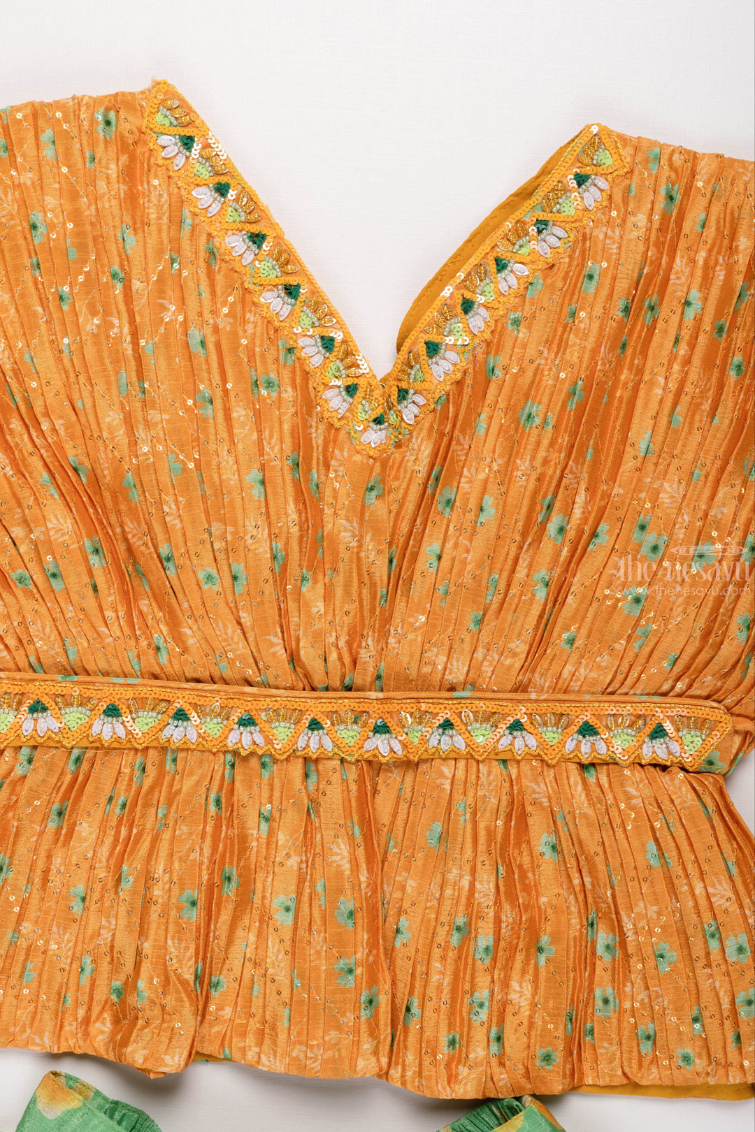 The Nesavu Girls Lehenga Choli Meadow Radiance: Yellow Poncho Blouse with Green Floral Printed Lehenga for Girls Nesavu Festive Elegance for Little Ones | Girls Lehenga Choli Sets for Diwali | The Nesavu