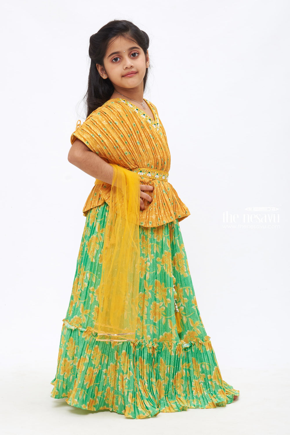 The Nesavu Girls Lehenga Choli Meadow Radiance: Yellow Poncho Blouse with Green Floral Printed Lehenga for Girls Nesavu Festive Elegance for Little Ones | Girls Lehenga Choli Sets for Diwali | The Nesavu