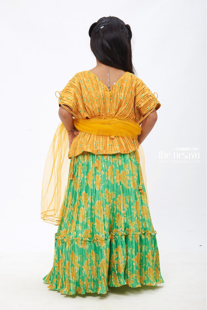 The Nesavu Girls Lehenga Choli Meadow Radiance: Yellow Poncho Blouse with Green Floral Printed Lehenga for Girls Nesavu Festive Elegance for Little Ones | Girls Lehenga Choli Sets for Diwali | The Nesavu