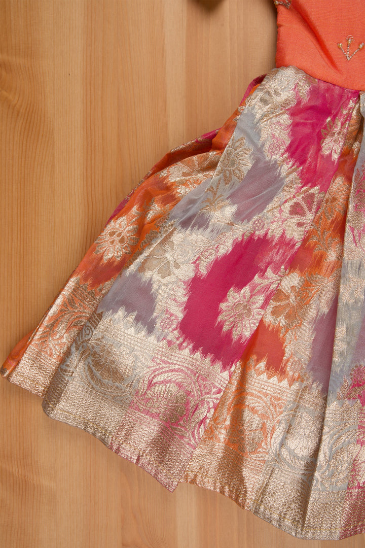 The Nesavu Silk Party Frock Mesmerizing Zari Embroidery on Pleated Kanchivaram Orange Ensemble Nesavu Pattu Frock For Little Girls | Girls Designer Silk Frock | The Nesavu