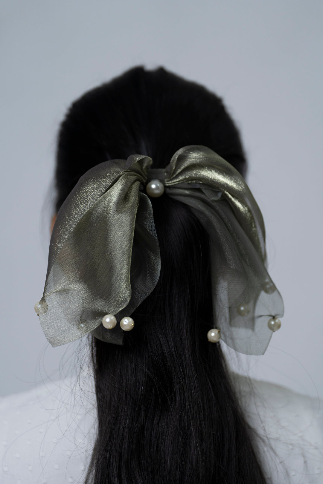 The Nesavu Scrunchies / Rubber Band Metallic Olive-Green Sheer Bow Hairband with Pearls Nesavu Green JHS25D Elegant Metallic Olive Sheer Bow Hairband with Pearls | Accessory for Stylish Outfits | The Nesavu