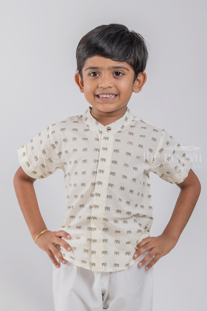 The Nesavu Boys Cotton Shirt Mini Brown Elephant Printed White Cotton Shirt for Boys by The Nesavu psr silks Nesavu 14 (6M) / White / Cotton BS046B
