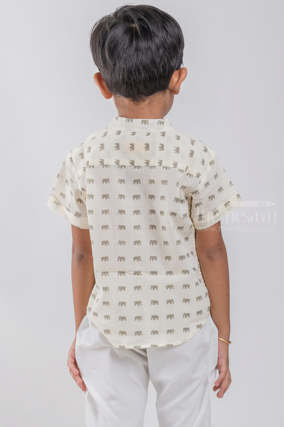 The Nesavu Boys Cotton Shirt Mini Brown Elephant Printed White Cotton Shirt for Boys by The Nesavu psr silks Nesavu