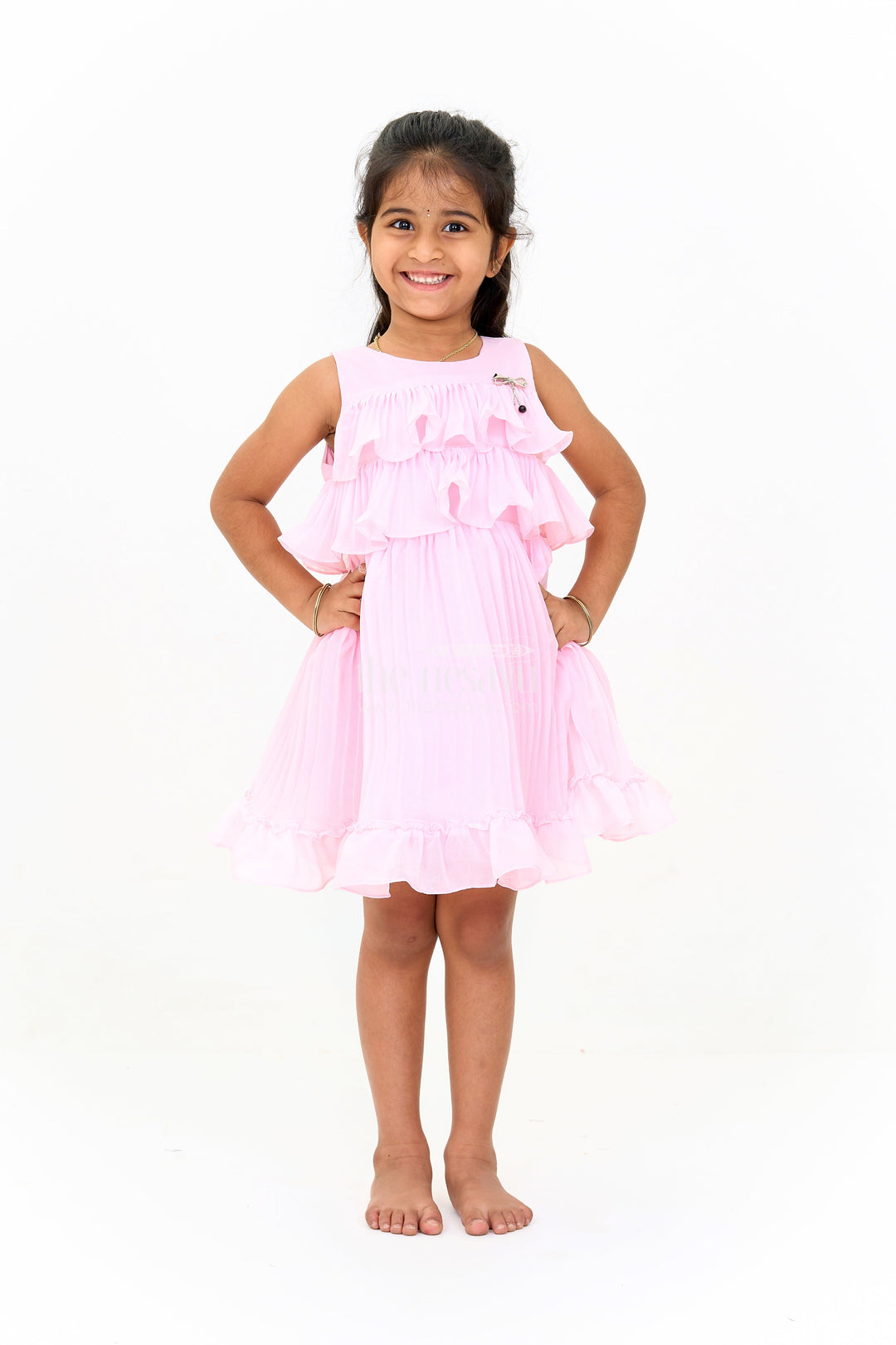 The Nesavu Girls Fancy Frock Mini Dress with Ruffle Accents and Elegant Pleated Layers for Girls Nesavu 16 (1Y) / Pink GFC1509A-16 Nesavu Blush Pink Mini Dress Ruffle Layers Bow Accent Girls