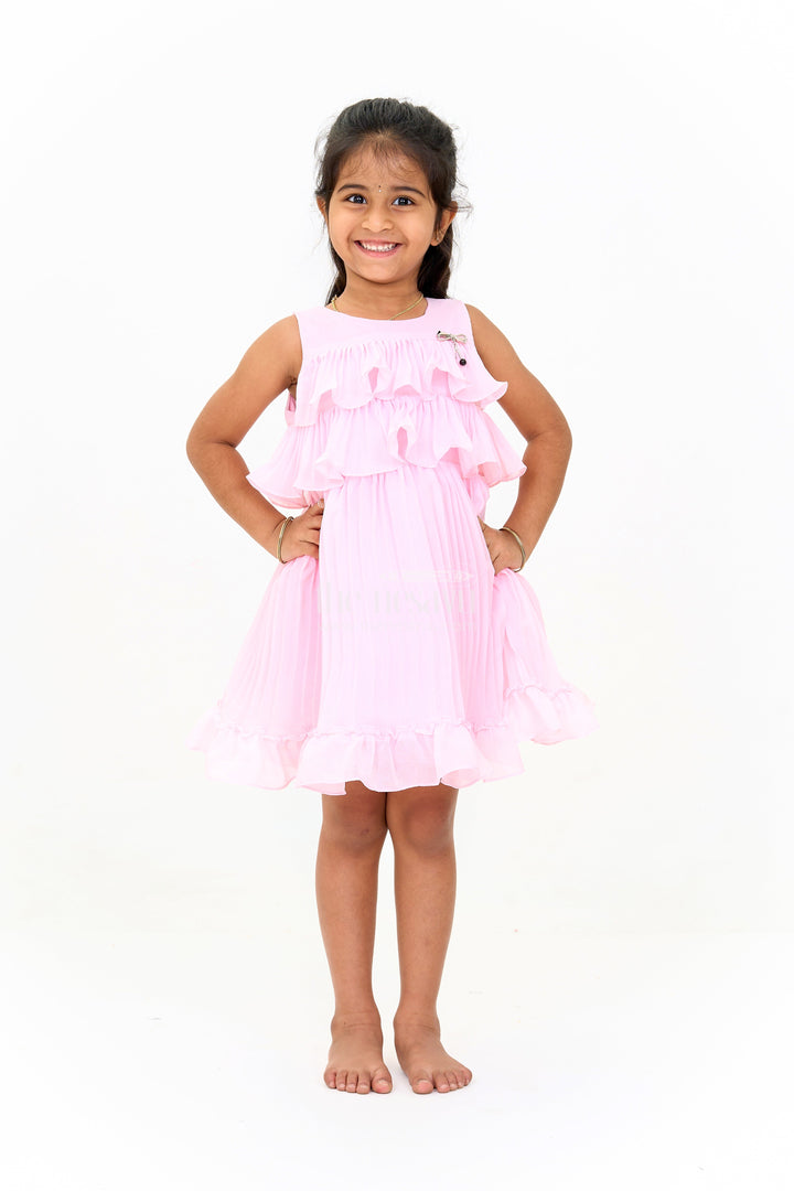 The Nesavu Girls Fancy Frock Mini Dress with Ruffle Accents and Elegant Pleated Layers for Girls Nesavu 16 (1Y) / Pink GFC1509A-16 Nesavu Blush Pink Mini Dress Ruffle Layers Bow Accent Girls