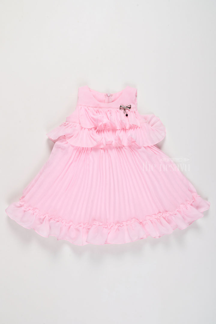 The Nesavu Girls Fancy Frock Mini Dress with Ruffle Accents and Elegant Pleated Layers for Girls Nesavu Nesavu Blush Pink Mini Dress Ruffle Layers Bow Accent Girls