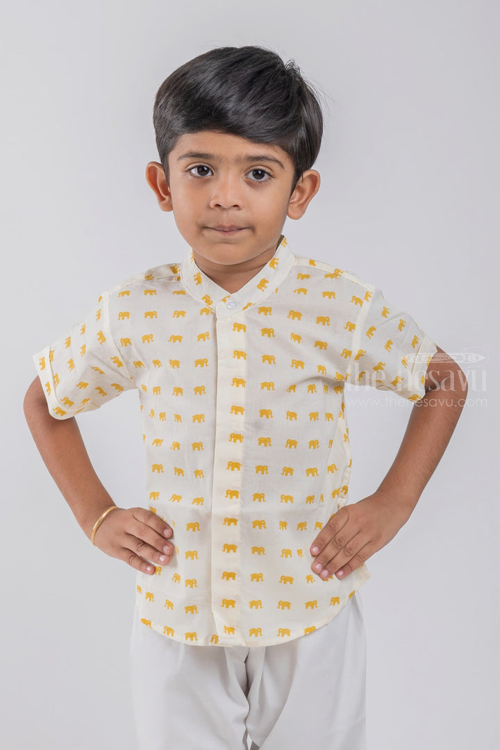 The Nesavu Boys Cotton Shirt Mini Yellow Elephant Printed White Cotton Shirt for Boys By The Nesavu psr silks Nesavu 14 (6M) / White / Cotton BS046A