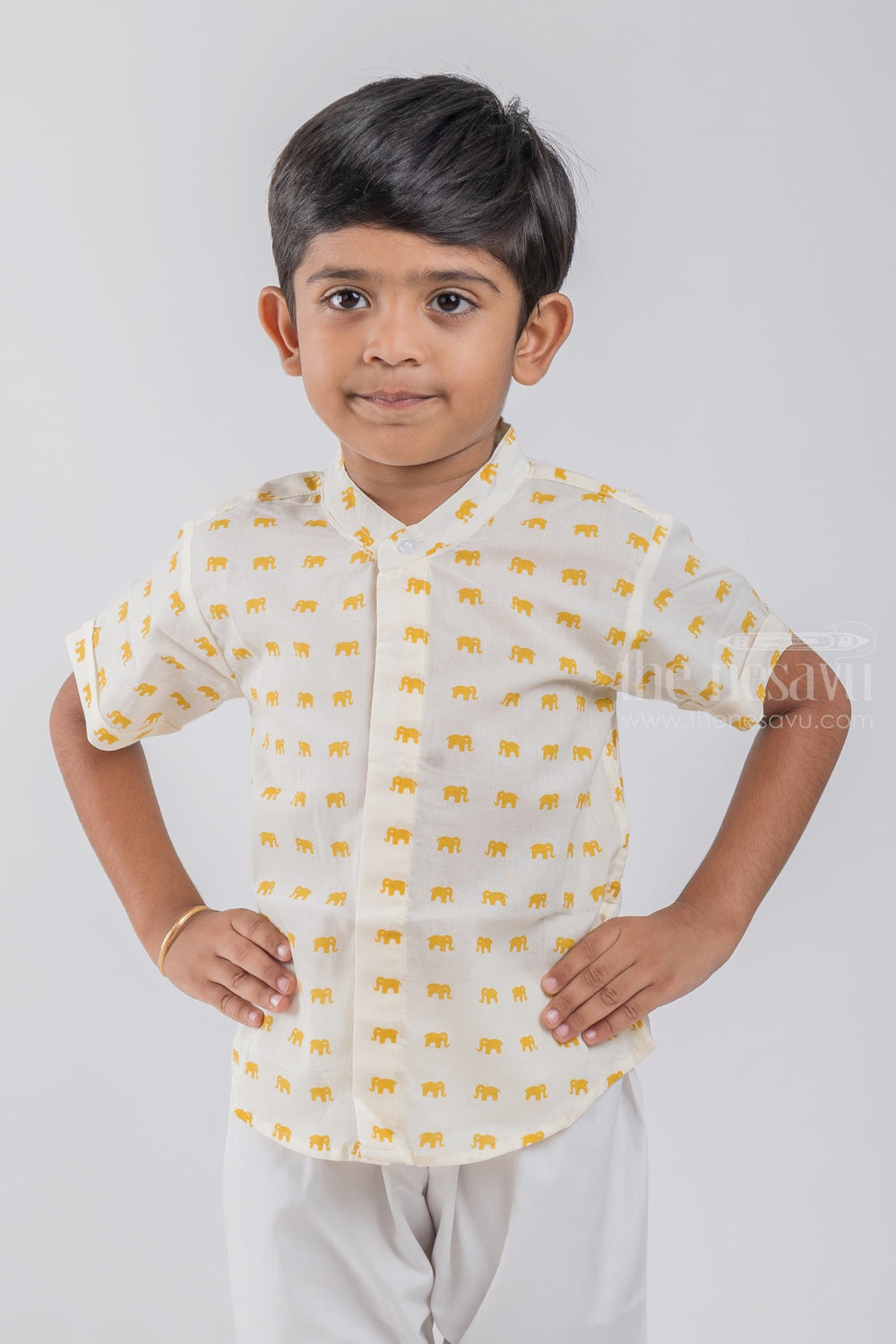 The Nesavu Boys Cotton Shirt Mini Yellow Elephant Printed White Cotton Shirt for Boys By The Nesavu psr silks Nesavu