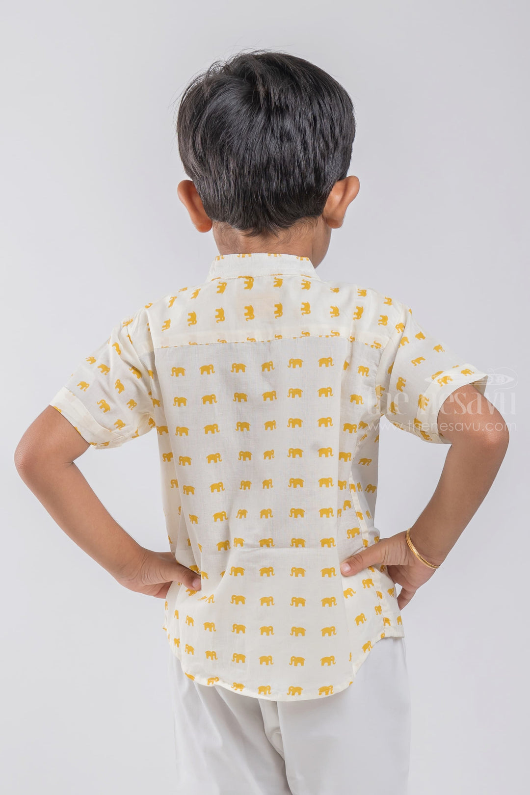 The Nesavu Boys Cotton Shirt Mini Yellow Elephant Printed White Cotton Shirt for Boys By The Nesavu psr silks Nesavu