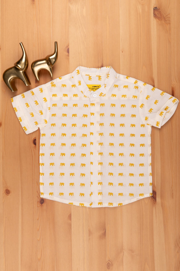 The Nesavu Boys Cotton Shirt Mini Yellow Elephant Printed White Cotton Shirt for Boys By The Nesavu psr silks Nesavu