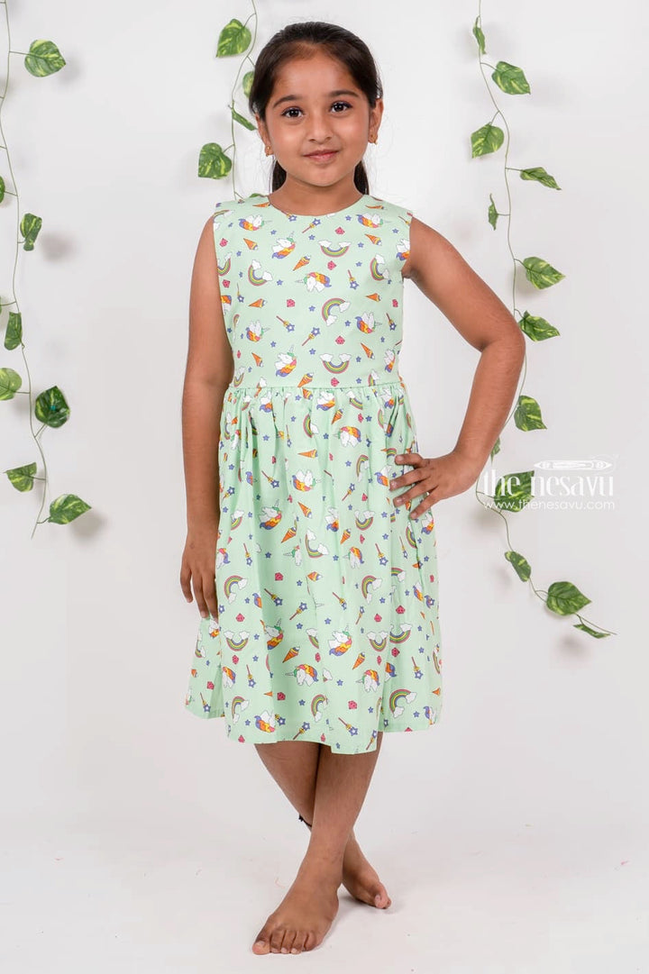 The Nesavu Girls Cotton Frock Mint Green Casual Play Wear Cotton Dresses For Girls Nesavu 16 (1Y) / Green / Cotton GFC807-16 Sleeveless Cotton Gown | Shop Latest Unicorn Dress | The Nesavu