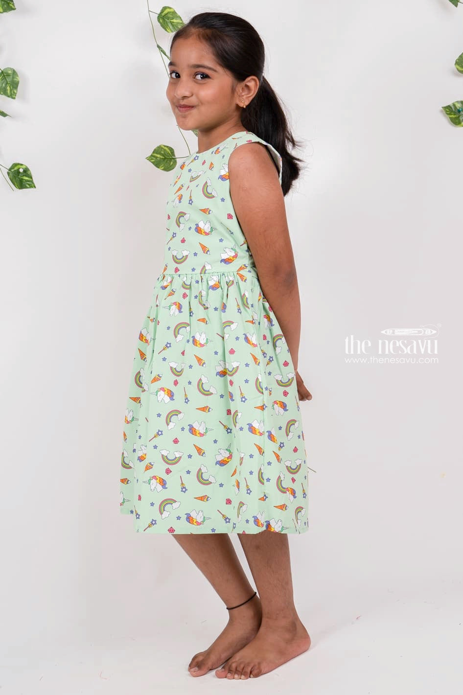 The Nesavu Girls Cotton Frock Mint Green Casual Play Wear Cotton Dresses For Girls Nesavu Sleeveless Cotton Gown | Shop Latest Unicorn Dress | The Nesavu