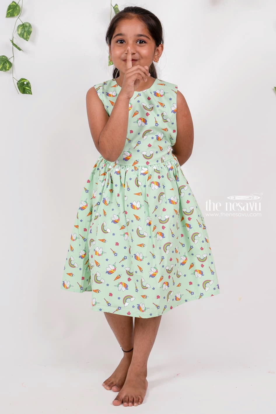The Nesavu Girls Cotton Frock Mint Green Casual Play Wear Cotton Dresses For Girls Nesavu Sleeveless Cotton Gown | Shop Latest Unicorn Dress | The Nesavu