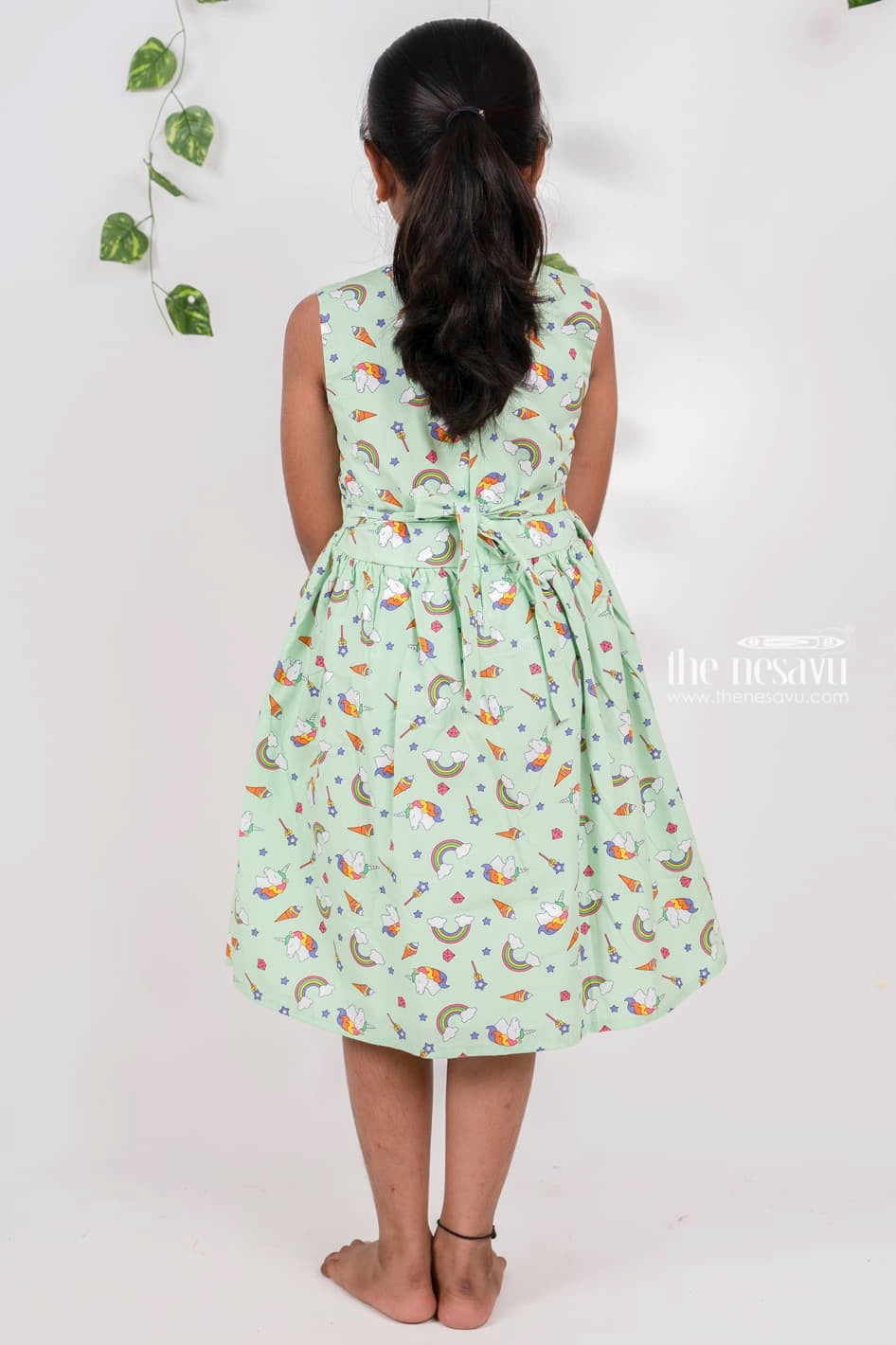 The Nesavu Girls Cotton Frock Mint Green Casual Play Wear Cotton Dresses For Girls Nesavu Sleeveless Cotton Gown | Shop Latest Unicorn Dress | The Nesavu