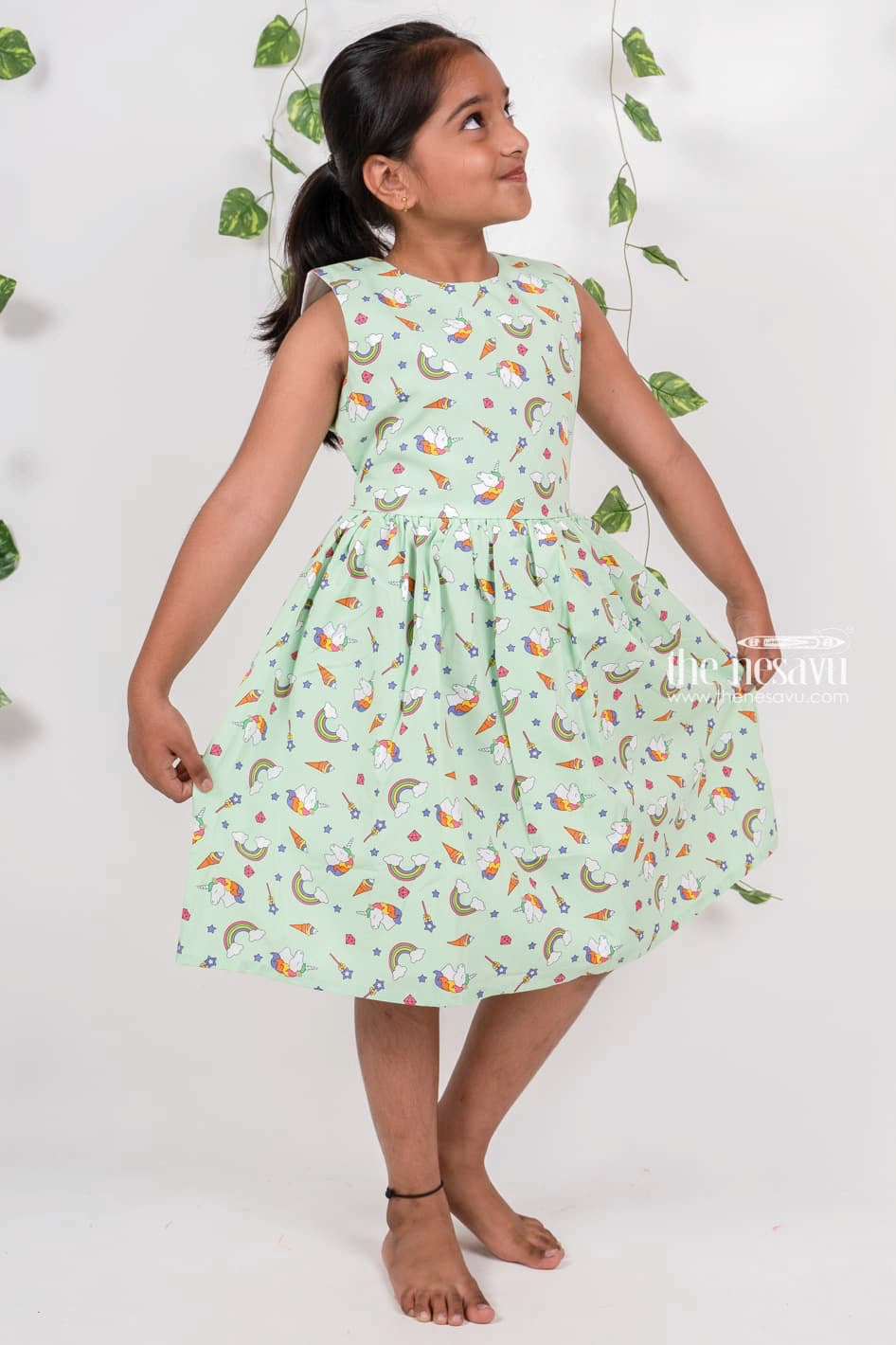The Nesavu Girls Cotton Frock Mint Green Casual Play Wear Cotton Dresses For Girls Nesavu Sleeveless Cotton Gown | Shop Latest Unicorn Dress | The Nesavu