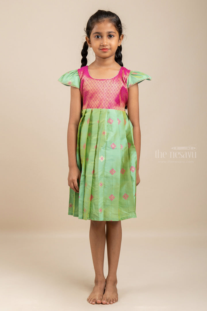 The Nesavu Silk Frock Mint Green With Pink Designer Silk Frock For New Born Baby Girls Nesavu 12 (3M) / Green SF371-12 Pink Yoke Dresses Online | Silk Ethnics Pleat Design Ideas | The Nesavu